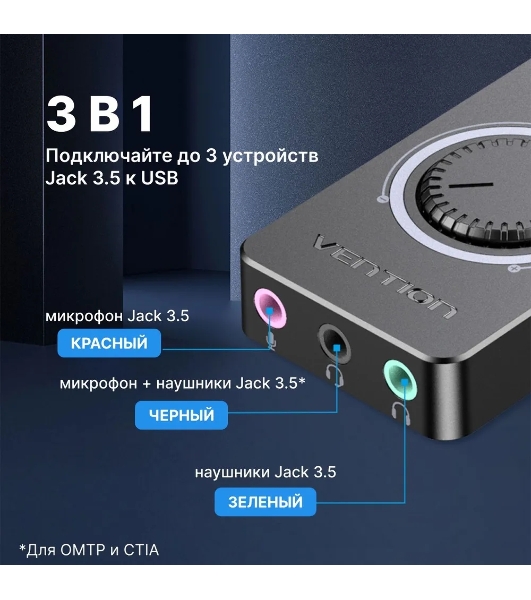 Внешняя звуковая карта Vention USB c регулятором громкости Черная