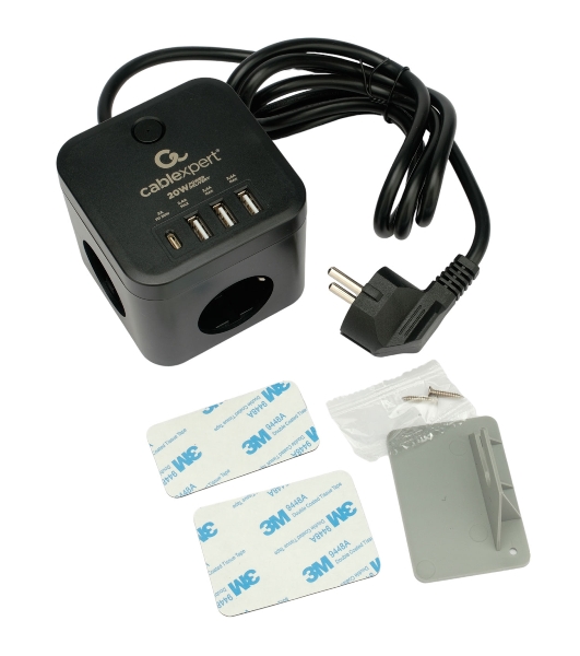 Сетевой фильтр Cablexpert Cube CUBE-3-CU3-B-1.5, 3 р, 10А, 1xType-C PD, 3xUSB, 1.5 м, ур.защиты 4+, черный, коробка