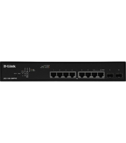 Коммутатор D-Link DGS-1100-10MPPV2/A, 8×1 Гбит/с + 2×1 Гбит/с SFP, настраиваемый