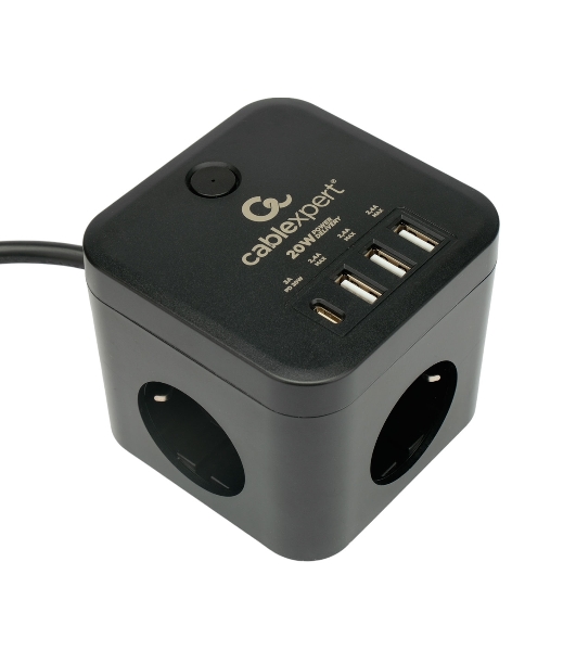 Сетевой фильтр Cablexpert Cube CUBE-3-CU3-B-1.5, 3 р, 10А, 1xType-C PD, 3xUSB, 1.5 м, ур.защиты 4+, черный, коробка