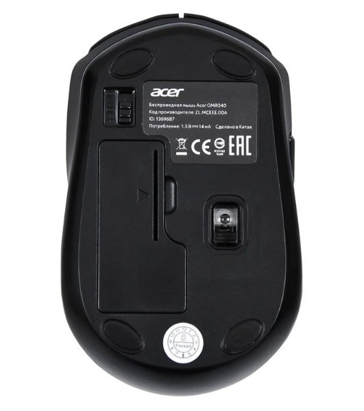Мышь беспроводная Acer OMR040 черный, 1600 dpi, радиоканал, USB, кнопки - 6