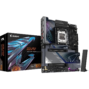 Материнская плата Gigabyte X870E AORUS MASTER X3D, AM5, AMD X870E, 4xDDR5, 4xSATA, 5xM.2, 2xPCIe 5.0 x16, 1xPCIe 4.0 x16, 1xHDMI, 1x5Gb LAN, 1x10Gb LAN, Wi-Fi 7, Bluetooth 5.4, 2xUSB-C 40Gbps (USB4), 1xUSB-C 20Gbps, 1xUSB-C 10Gbps, 7xUSB-A 10Gbps, 3x3.5 мм + S/PDIF оптический, 7.1, ATX