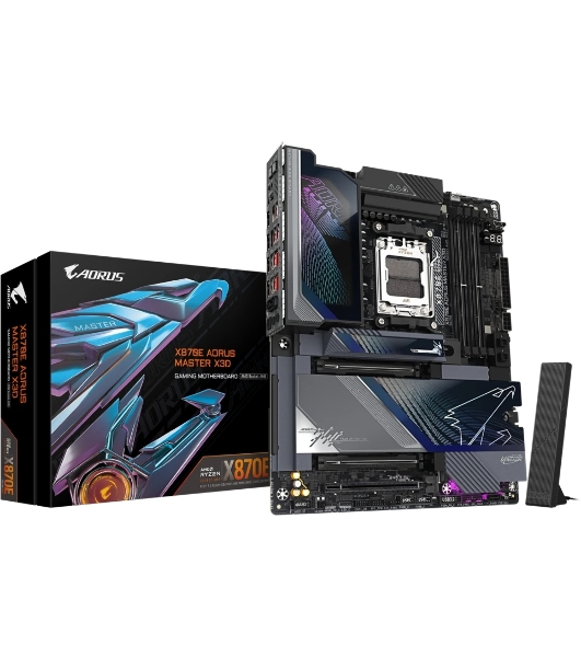 Материнская плата Gigabyte X870E AORUS MASTER X3D, AM5, AMD X870E, 4xDDR5, 4xSATA, 5xM.2, 2xPCIe 5.0 x16, 1xPCIe 4.0 x16, 1xHDMI, 1x5Gb LAN, 1x10Gb LAN, Wi-Fi 7, Bluetooth 5.4, 2xUSB-C 40Gbps (USB4), 1xUSB-C 20Gbps, 1xUSB-C 10Gbps, 7xUSB-A 10Gbps, 3x3.5 мм + S/PDIF оптический, 7.1, ATX