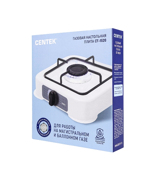Плита настольная газовая Centek CT-1520 белый, 1.7 кВт, газ, конфорки - 1, эмаль, поворотные переключатели