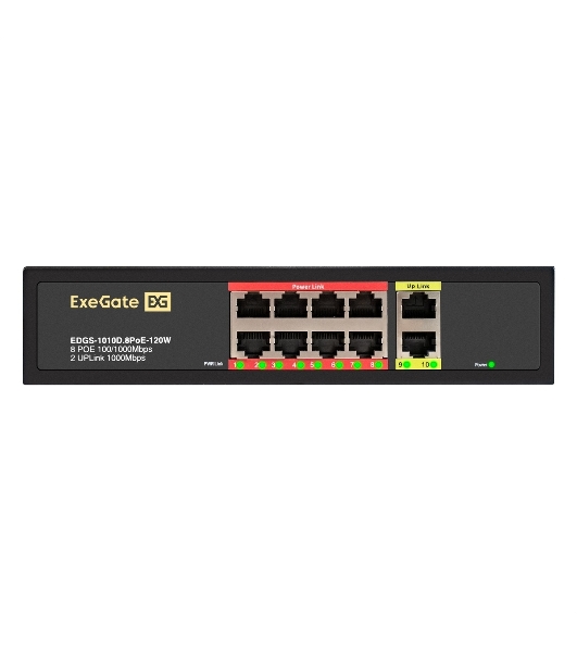 Коммутатор ExeGate EDGS-1010D.8PoE-120W, 8×1 Гбит/с PoE + 2×1 Гбит/с, неуправляемый