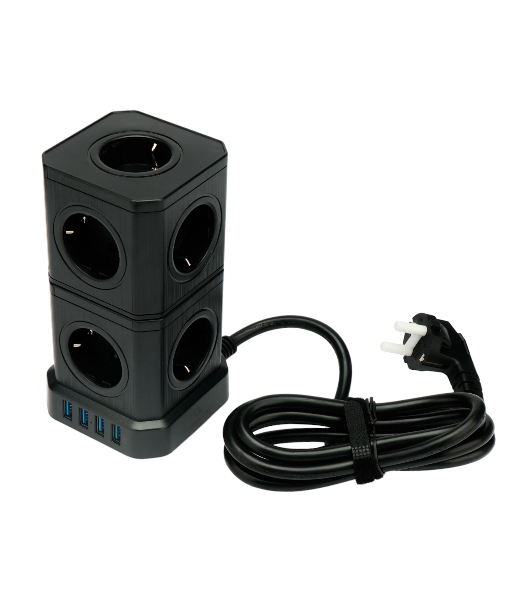 Сетевой фильтр Cablexpert Tower TWR-9-U4-B-2, 9 р, 16А, 4хUSB, 3.1А, 2 м, ур.защиты 4+, черный, коробка
