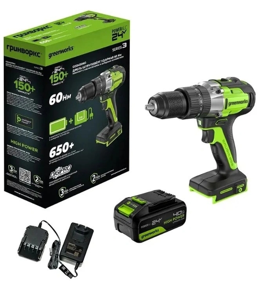 Дрель-шуруповерт GREENWORKS GD24DD60, 24 В, 0 Ач, 60 Нм, бесщеточный, ударный