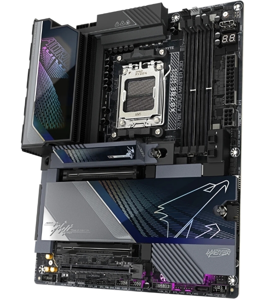 Материнская плата Gigabyte X870E AORUS MASTER X3D, AM5, AMD X870E, 4xDDR5, 4xSATA, 5xM.2, 2xPCIe 5.0 x16, 1xPCIe 4.0 x16, 1xHDMI, 1x5Gb LAN, 1x10Gb LAN, Wi-Fi 7, Bluetooth 5.4, 2xUSB-C 40Gbps (USB4), 1xUSB-C 20Gbps, 1xUSB-C 10Gbps, 7xUSB-A 10Gbps, 3x3.5 мм + S/PDIF оптический, 7.1, ATX