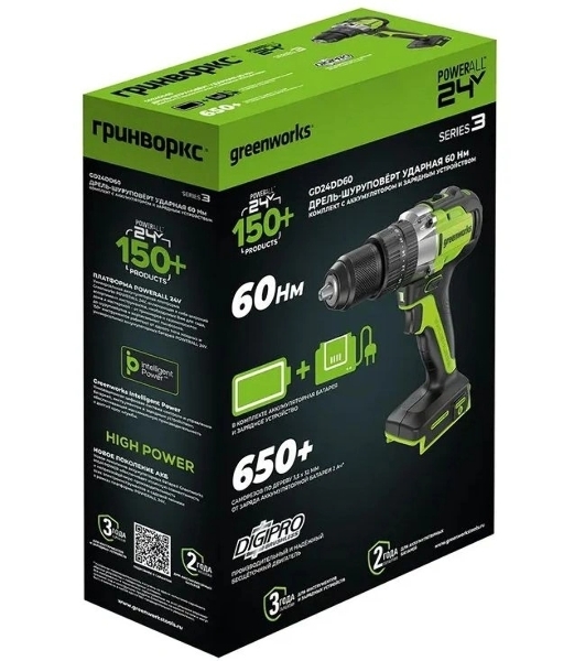 Дрель-шуруповерт GREENWORKS GD24DD60, 24 В, 0 Ач, 60 Нм, бесщеточный, ударный