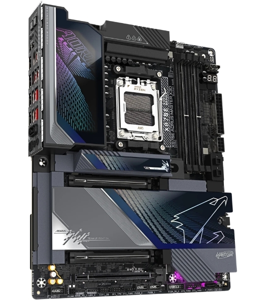 Материнская плата Gigabyte X870E AORUS MASTER X3D, AM5, AMD X870E, 4xDDR5, 4xSATA, 5xM.2, 2xPCIe 5.0 x16, 1xPCIe 4.0 x16, 1xHDMI, 1x5Gb LAN, 1x10Gb LAN, Wi-Fi 7, Bluetooth 5.4, 2xUSB-C 40Gbps (USB4), 1xUSB-C 20Gbps, 1xUSB-C 10Gbps, 7xUSB-A 10Gbps, 3x3.5 мм + S/PDIF оптический, 7.1, ATX