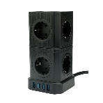 Сетевой фильтр Cablexpert Tower TWR-9-U4-B-2, 9 р, 16А, 4хUSB, 3.1А, 2 м, ур.защиты 4+, черный, коробка, фото 1