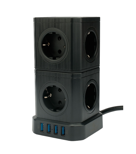 Сетевой фильтр Cablexpert Tower TWR-9-U4-B-2, 9 р, 16А, 4хUSB, 3.1А, 2 м, ур.защиты 4+, черный, коробка