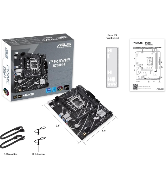 Материнская плата ASUS PRIME B760M-F, LGA 1700, Intel B760, 2xDDR5, 4xSATA, 2xM.2, 1xPCIe 4.0 x16, 1xPCIe 3.0 x1, 1xHDMI, 1x1Gb LAN, 4xUSB-A 5Gbps, 2xUSB-A 2.0, 7.1, mATX