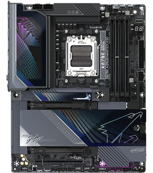 Материнская плата Gigabyte X870E AORUS MASTER X3D, AM5, AMD X870E, 4xDDR5, 4xSATA, 5xM.2, 2xPCIe 5.0 x16, 1xPCIe 4.0 x16, 1xHDMI, 1x5Gb LAN, 1x10Gb LAN, Wi-Fi 7, Bluetooth 5.4, 2xUSB-C 40Gbps (USB4), 1xUSB-C 20Gbps, 1xUSB-C 10Gbps, 7xUSB-A 10Gbps, 3x3.5 мм + S/PDIF оптический, 7.1, ATX