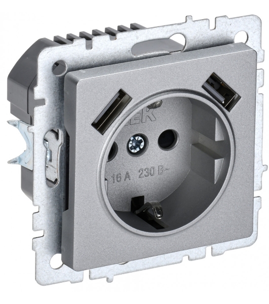 Розетка 1-местная IEK BRITE РЮш10-2-БрА (BR-R14-16-U21-D31-K47) с заземлением, с защитными шторками, 16А, с USB A+A 5В 3,1А, алюминий