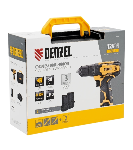 Дрель-шуруповерт Denzel CDQ-12, 12 В, 1,5 Ач, 30 Нм, щеточный