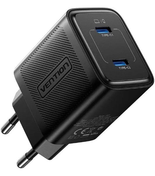 Сетевое зарядное устройство Vention на 2 порт USB С+C GaN 45W Черный