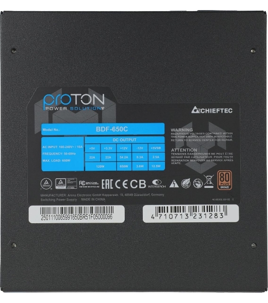 Блок питания Chieftec Proton BDF-650C, 650Вт, 80 PLUS Bronze, 140мм, модульный, черный