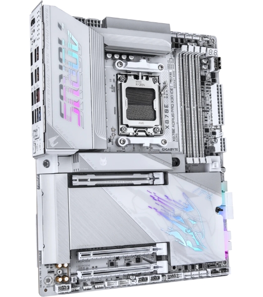 Материнская плата Gigabyte X870E AORUS PRO X3D ICE, AM5, AMD X870E, 4xDDR5, 4xSATA, 4xM.2, 1xPCIe 5.0 x16, 1xPCIe 4.0 x16, 1xPCIe 3.0 x16, 1xHDMI, 1x5Gb LAN, Wi-Fi 7, Bluetooth 5.4, 2xUSB-C 40Gbps (USB4), 2xUSB-C 10Gbps, 5xUSB-A 10Gbps, 3xUSB-A 5Gbps, 3x3.5 мм + S/PDIF оптический, 7.1, белый, ATX