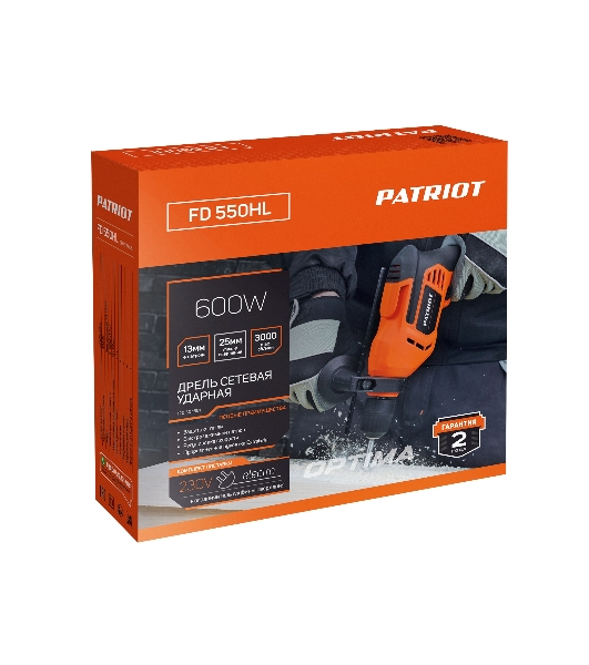 Дрель электрическая ударная PATRIOT FD 550HL, 600Вт, 3000об/мин, 44800уд/мин, макс.диаметр сверления 13мм, быстрозажимной патрон