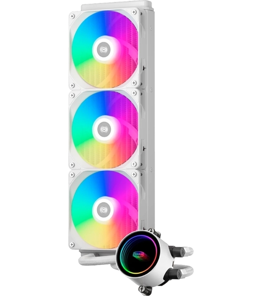 Система охлаждения/ PCCooler DA360 ARGB WH (280W, 360мм, белый, ARGB/ Fans: 3x120мм, 72.1CFM, 33.8dBA, 1800RPM/ Pump height 55мм, 28dBA, 3000RPM, Rad thickness 27мм/ S: 1851, 1700, 1200, 20XX, 115X, AM5, AM4)