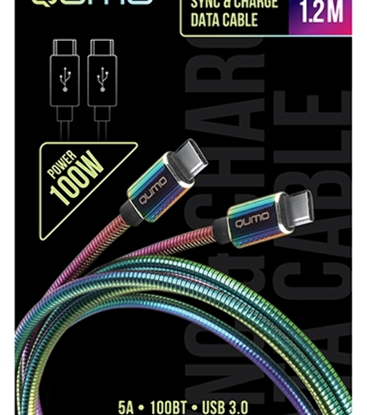 Кабель Qumo, Type С - Type C, USB 3.0, 1,2м, 5-20В, 5А, 100 Вт, опл. металл. пружинка, кон. металл, rainbow