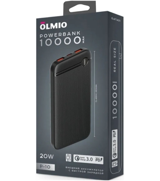 Портативный аккумулятор OLMIO P-10, 10000mAh, 20W, QuickCharge3.0/PowerDelivery, черный