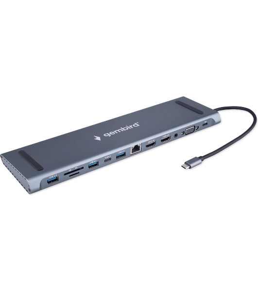 USB-концентратор Gembird UHB-D6, USB Type-C, USB 2.0/RJ45/USB Type-C PD87W/Jack 3.5 / SD/TF/2xHDMI/VGA, USB Type-C
