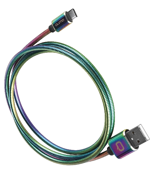 Кабель Qumo, USB 2.0-Type C, 1м, 5/9/12В, 5A, 22.5Вт (Huawei FCP и SCP), опл. металл. пружинка, кон. металл, rainbow
