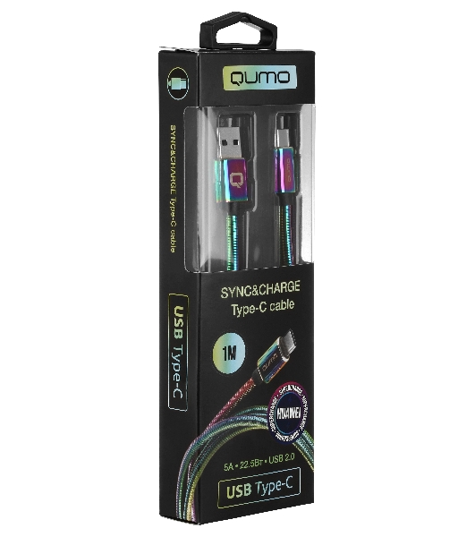 Кабель Qumo, USB 2.0-Type C, 1м, 5/9/12В, 5A, 22.5Вт (Huawei FCP и SCP), опл. металл. пружинка, кон. металл, rainbow