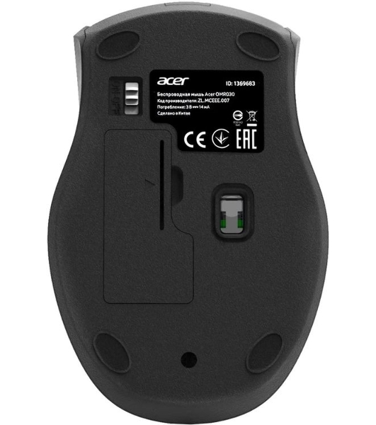 Мышь беспроводная Acer OMR030 черный, 1600 dpi, радиоканал, USB, кнопки - 4