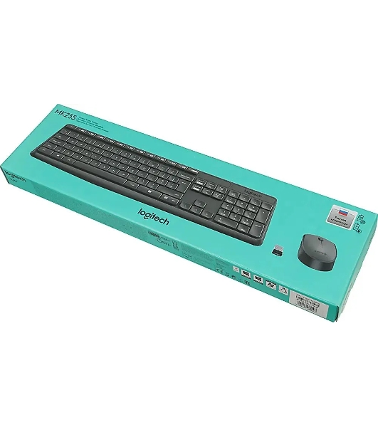 Комплект клавиатура+мышь Logitech MK235 беспроводной, USB, 1000 DPI, серый (заводская гравировка)