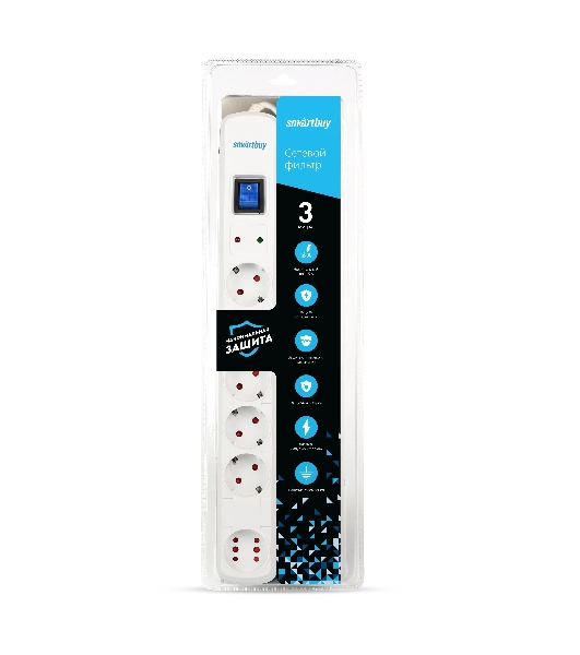 Сетевой фильтр Smartbuy (SBSP-30W-Pro) - 6 роз х 3,0 м- белый