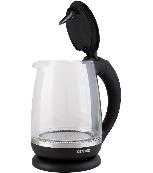 Электрочайник Centek CT-0015 черный/прозрачный, 2.0 л, 2200 Вт, скрытый нагревательный элемент