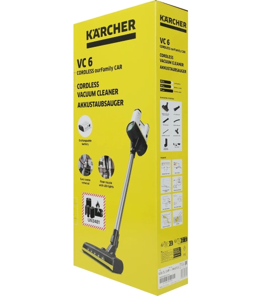 Пылесос вертикальный Karcher VC 6 Cordless ourFamily Car черный/белый, питание от аккумулятора, 250 Вт, уборка сухая, пылесборник 0.8 л, работа от АКБ max 50 мин