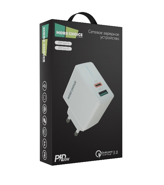 Сетевое зарядное устройство MORE CHOICE NC61 СЗУ 1USB+1USB-C 3.0A PD 20W+QC3.0 быстрая зарядка белый