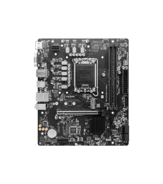 Материнская плата MSI PRO B760M-E DDR4, LGA 1700, Intel B760, 2xDDR4, 4xSATA, 1xM.2, 1xPCIe 4.0 x16, 1xPCIe 4.0 x1, 1xHDMI, 1xVGA, 1x1Gb LAN, 2xUSB-A 3.2 Gen 1, 4xUSB-A 2.0, 3x3.5 мм, 7.1, mATX