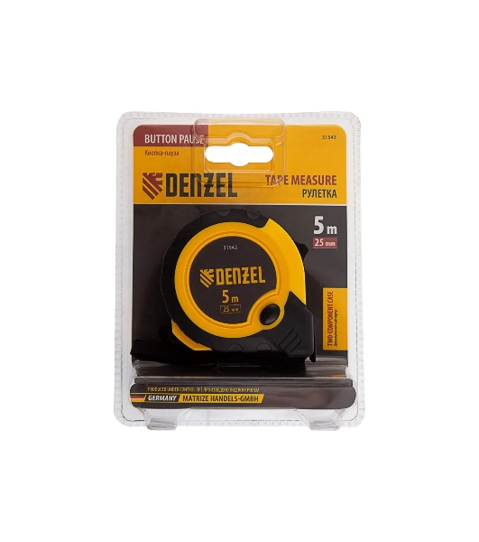 Рулетка Denzel 5м х 25мм, двухкомп. корпус, кнопка-пауза