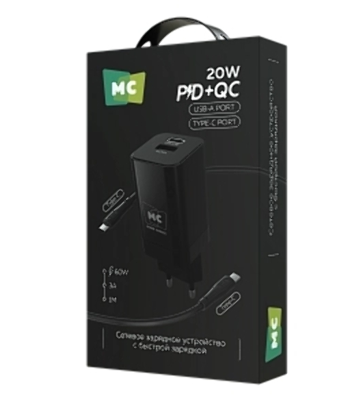 Сетевое зарядное устройство MORE CHOICE NC85a 1USB+1Type-C 3.0A PD 20W+QC3.0 Type-C Type-C, черный
