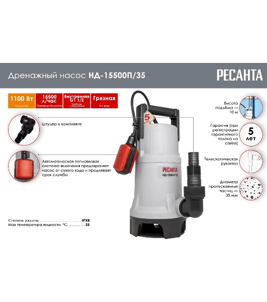 Дренажный насос НД-15500П/35 Ресанта