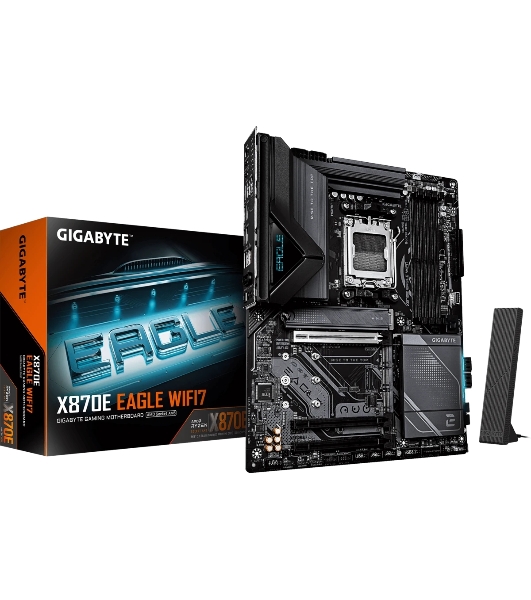 Материнская плата Gigabyte X870E EAGLE X3D WIFI7, AM5, AMD X870E, 4xDDR5, 4xSATA, 4xM.2, 1xPCIe 5.0 x16, 1xPCIe 4.0 x16, 1xPCIe 3.0 x16, 1xHDMI, 1x5Gb LAN, Wi-Fi 7, Bluetooth 5.4, 2xUSB-C 40Gbps (USB4), 1xUSB-C 10Gbps, 4xUSB-A 10Gbps, 4xUSB-A 5Gbps, 3x3.5 мм + S/PDIF оптический, 7.1, чёрный, с подсветкой, ATX
