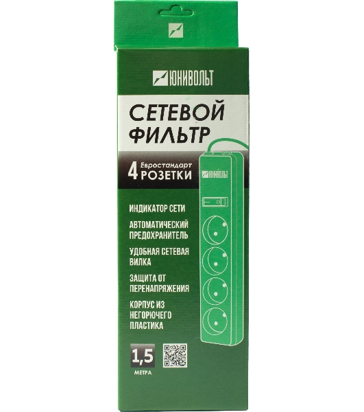 Сетевой фильтр Юнивольт 00-00000386 1.5м (4 розетки) белый (коробка)