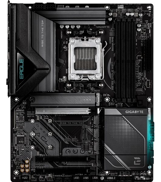 Материнская плата Gigabyte X870E EAGLE X3D WIFI7, AM5, AMD X870E, 4xDDR5, 4xSATA, 4xM.2, 1xPCIe 5.0 x16, 1xPCIe 4.0 x16, 1xPCIe 3.0 x16, 1xHDMI, 1x5Gb LAN, Wi-Fi 7, Bluetooth 5.4, 2xUSB-C 40Gbps (USB4), 1xUSB-C 10Gbps, 4xUSB-A 10Gbps, 4xUSB-A 5Gbps, 3x3.5 мм + S/PDIF оптический, 7.1, чёрный, с подсветкой, ATX
