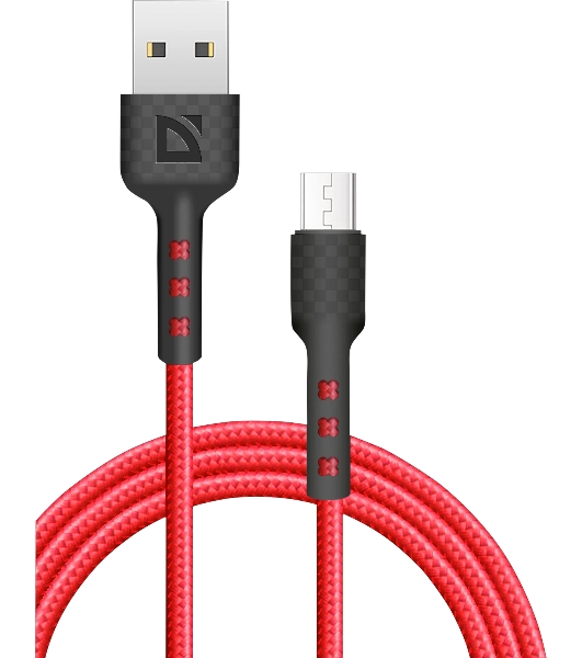 Кабель Defender F181, USB 2.0 (AM) - microUSB 2.0 (BM), 1 м, 2.4А, нейлоновая оплетка, красный.