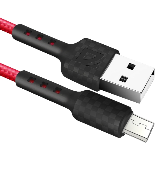 Кабель Defender F181, USB 2.0 (AM) - microUSB 2.0 (BM), 1 м, 2.4А, нейлоновая оплетка, красный.