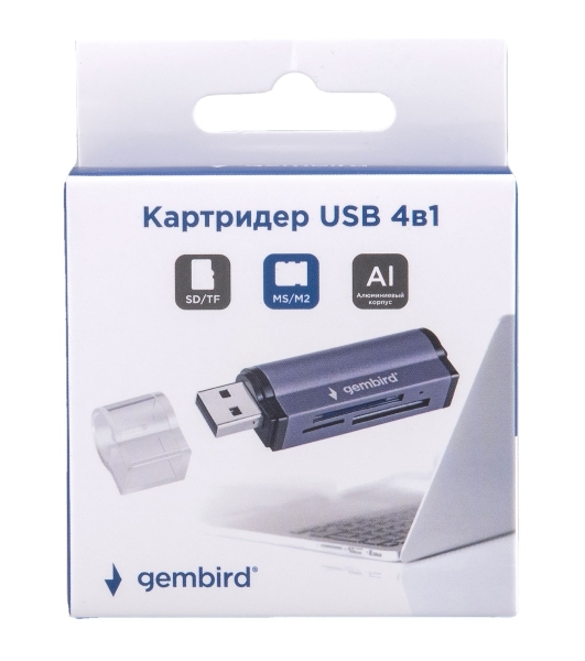 Кард-ридер Gembird FD2-MSD-5/серый/TF/Micro-SD/Micro-SDHC/Micro-SDXC/SD/MS/M2/USB 2.0/алюминий