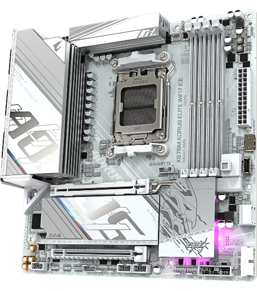 Материнская плата Gigabyte X870M AORUS ELITE WIFI7 ICE, AM5, AMD X870, 4xDDR5, 2xSATA, 2xM.2, 1xPCIe 5.0 x16, 1xPCIe 4.0 x16, 1xHDMI, 1x2.5Gb LAN, Wi-Fi 7, Bluetooth 5.4, 2xUSB-C 40Gbps (USB4), 2xUSB-A 10Gbps, 4xUSB-A 5Gbps, 4xUSB-A 2.0, 3x3.5 мм + S/PDIF оптический, 7.1, белый, mATX