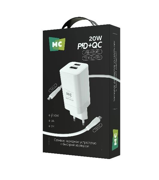 Сетевое зарядное устройство MORE CHOICE NC85a 1USB+1Type-C 3.0A PD 20W+QC3.0 Type-C Type-C, белый
