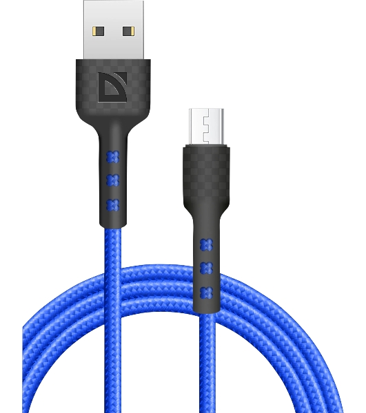 Кабель Defender F181, USB 2.0 (AM) - microUSB 2.0 (BM), 1 м, 2.4А, нейлоновая оплетка, синий.
