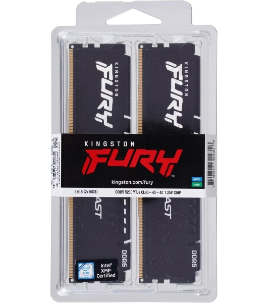 Оперативная память Kingston Fury Beast, DDR5, 32GB (2x16GB), 5200MHz, CL40, DIMM, радиатор, черный